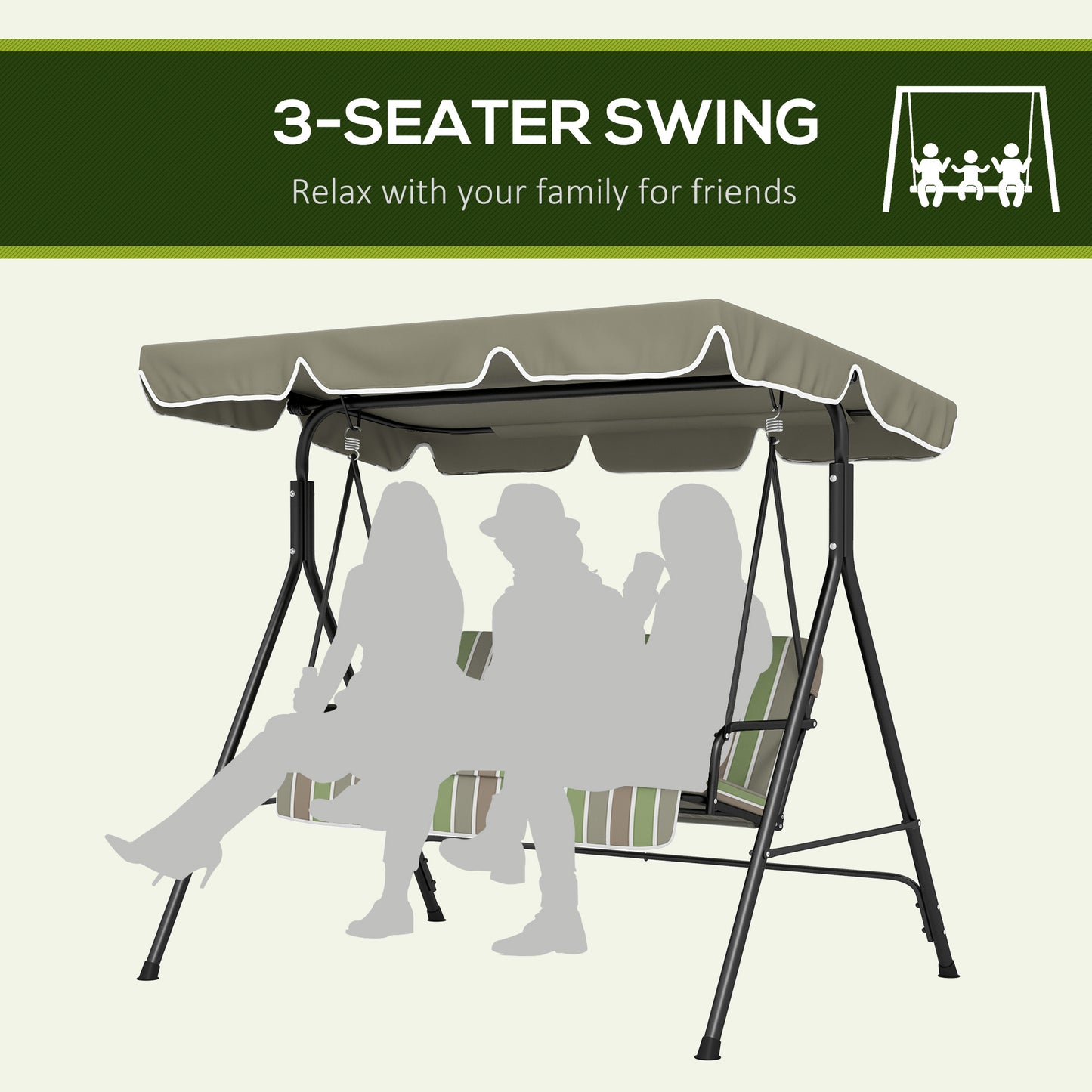 Outsunny Three-Seater Garden Swing Chair, with Adjustable Canopy - Green