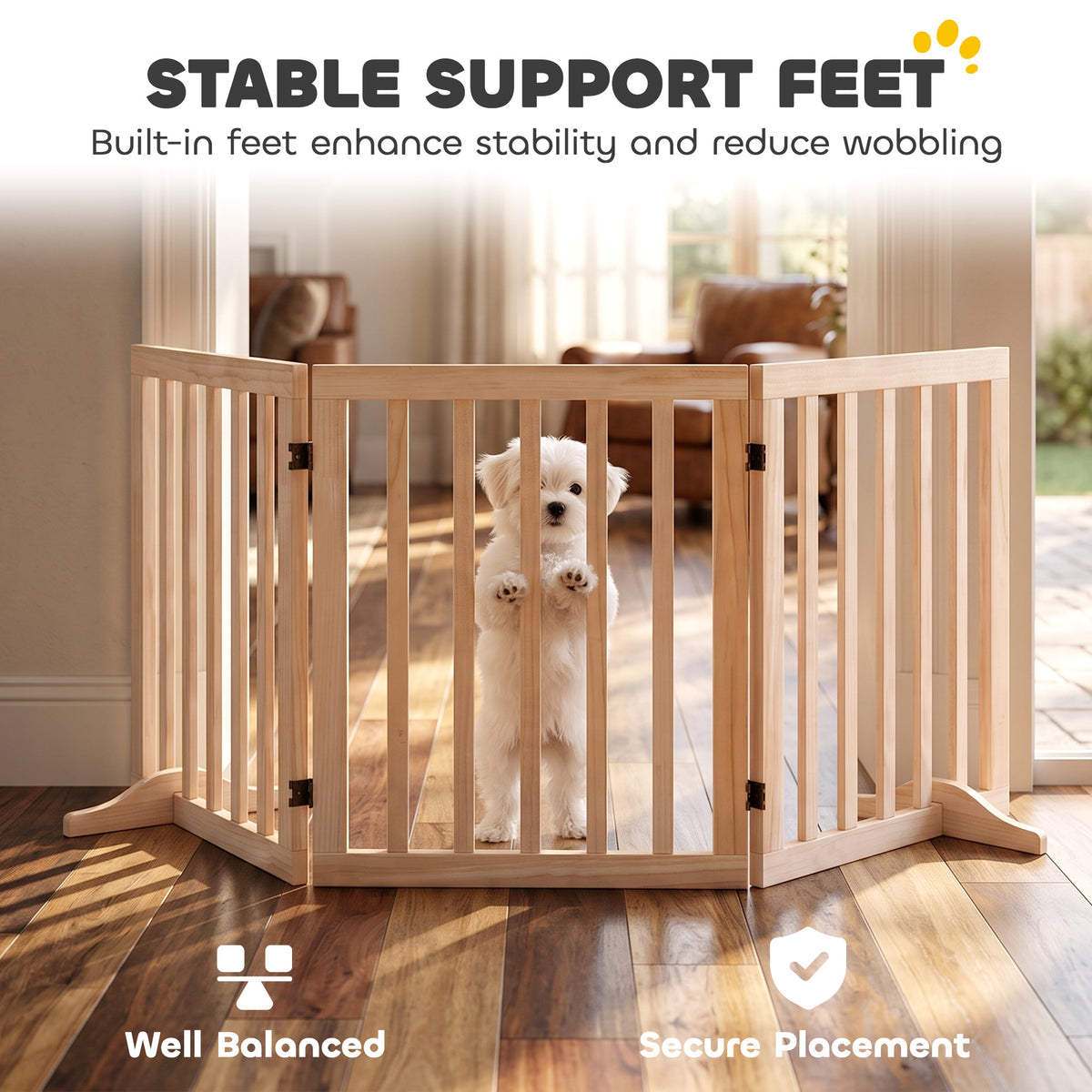 PawHut Wooden Dog Gate, 3-Panel Freestanding Pet Gates Indoor with 2 Support Feet and 360Â° Flexible Hinges, Natural