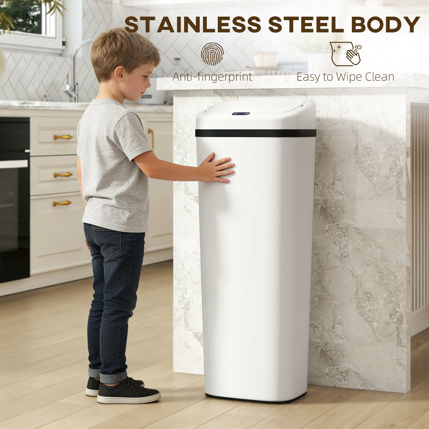 HOMCOM 50L Stainless Steel Sensor Bin - White