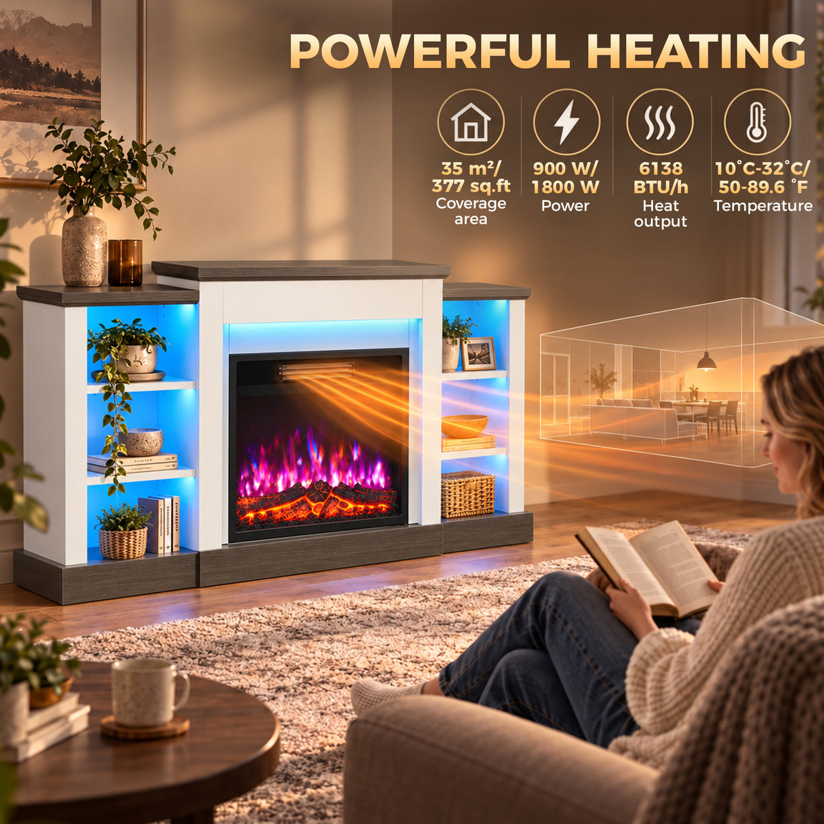 HOMCOM Electric Fireplace TV Stand 138cm, LED Strips, Adjustable Flame Effect, 6 Shelves, Entertainment Center Console Table