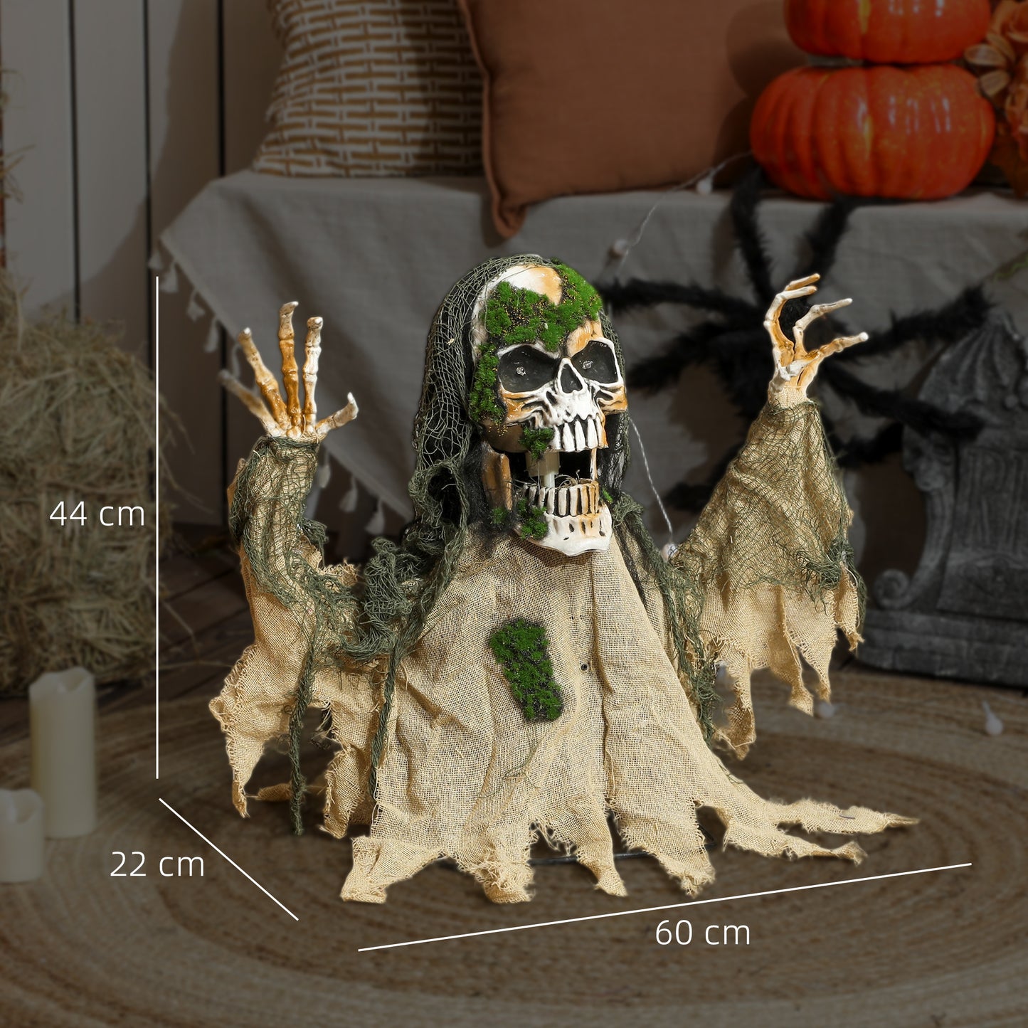 Outsunny Halloween Animated Skeleton with Glowing LED Eyes, Half-Body Scary Halloween Decorations, Battery Operated, Indoor Party Props