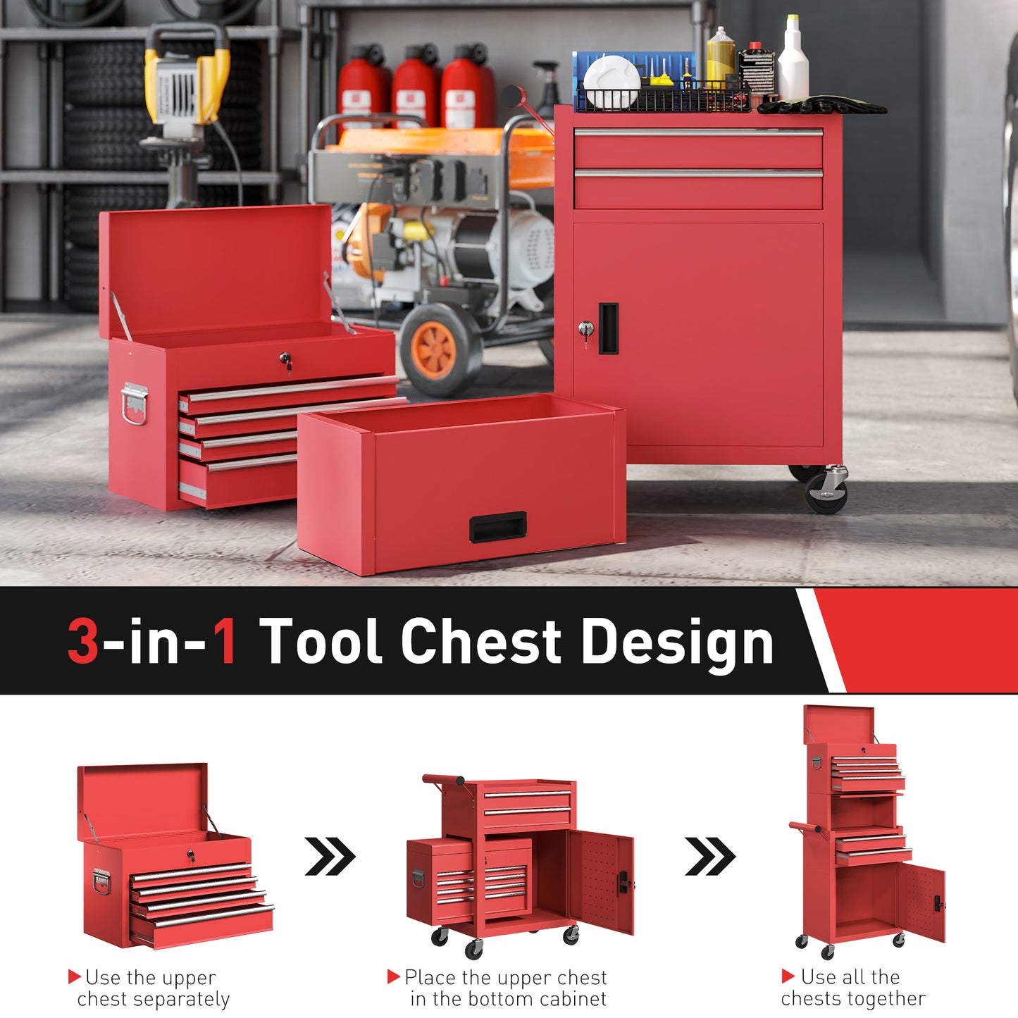 HOMCOM Three-Part Steel Locking Tool Chest - Red