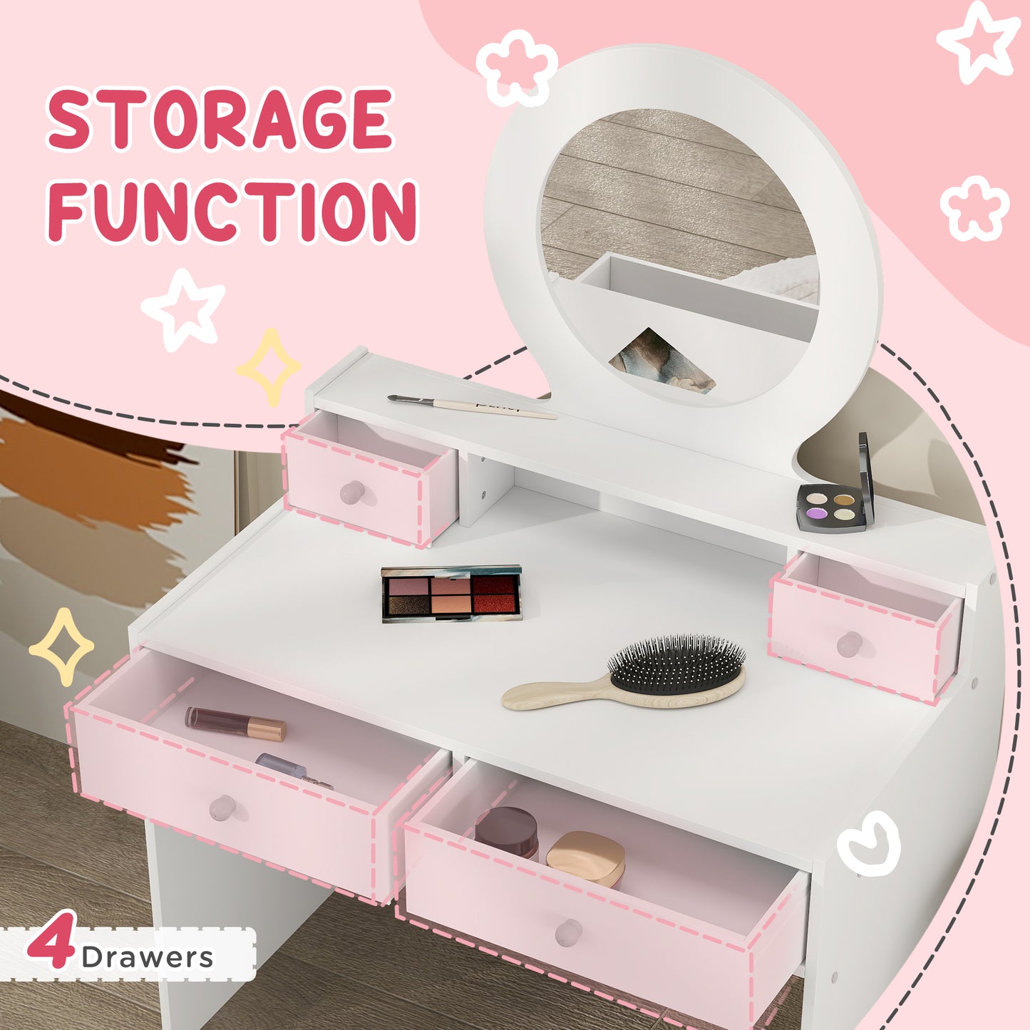 AIYAPLAY Kids Dressing Table Set Kids Make up Table with Stool and Mirror, Storage Drawers, Gift for Aged 3-8