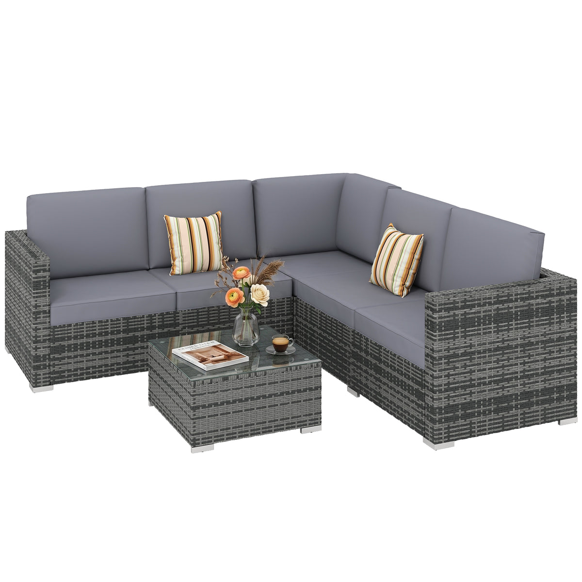 Outsunny Luxury 5 Seater Rattan Garden Furniture Set, 4 Pieces Outdoor Patio Conversation Set with Wide Seats, 220gsm Polyester Cushions, Tempered Glass Table, Corner Sofa, Loveseat, Grey