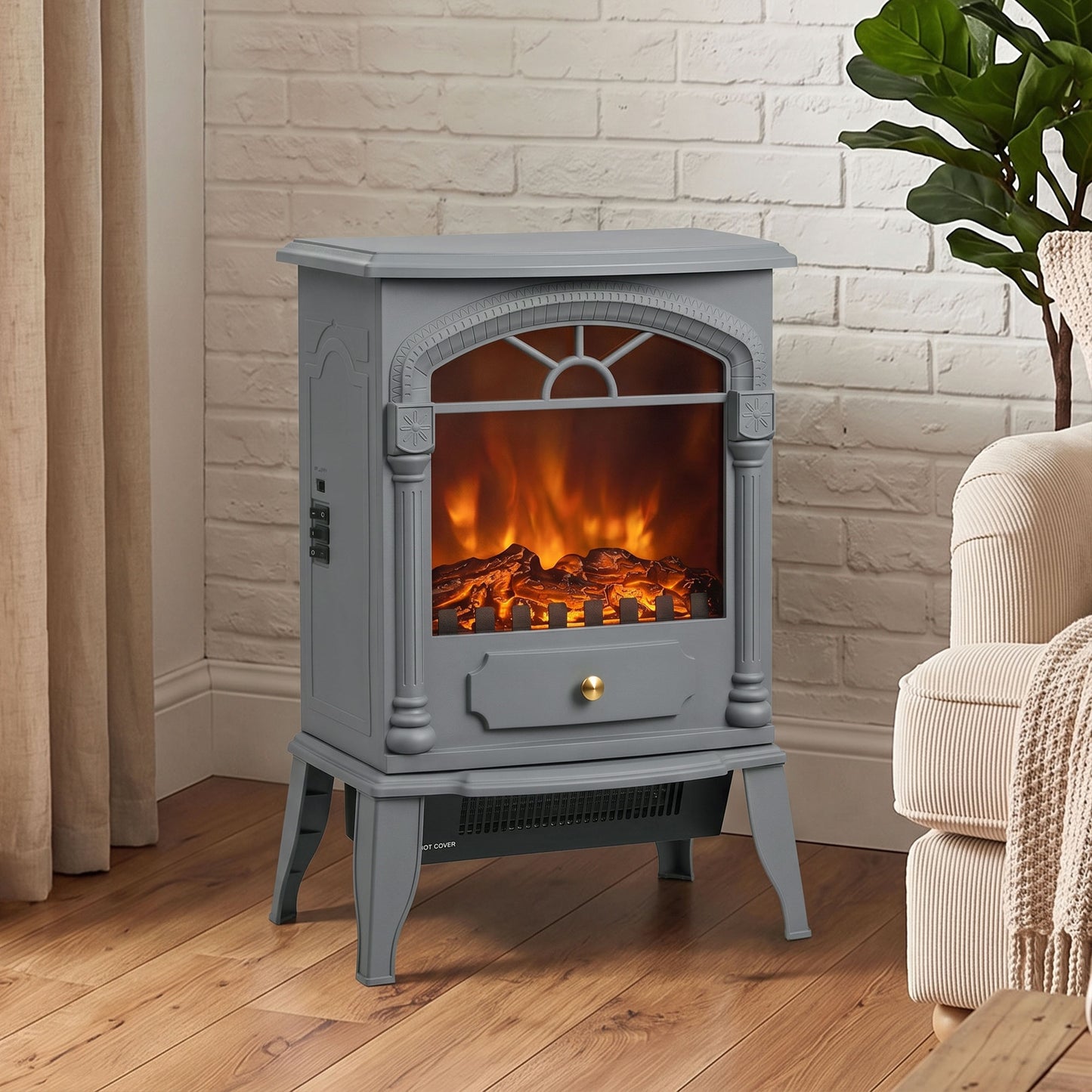 HOMCOM Freestanding Portable Fireplace, Electric Fireplace Stove Heater with 3D Flame Effect and Adjustable Thermostat, Grey