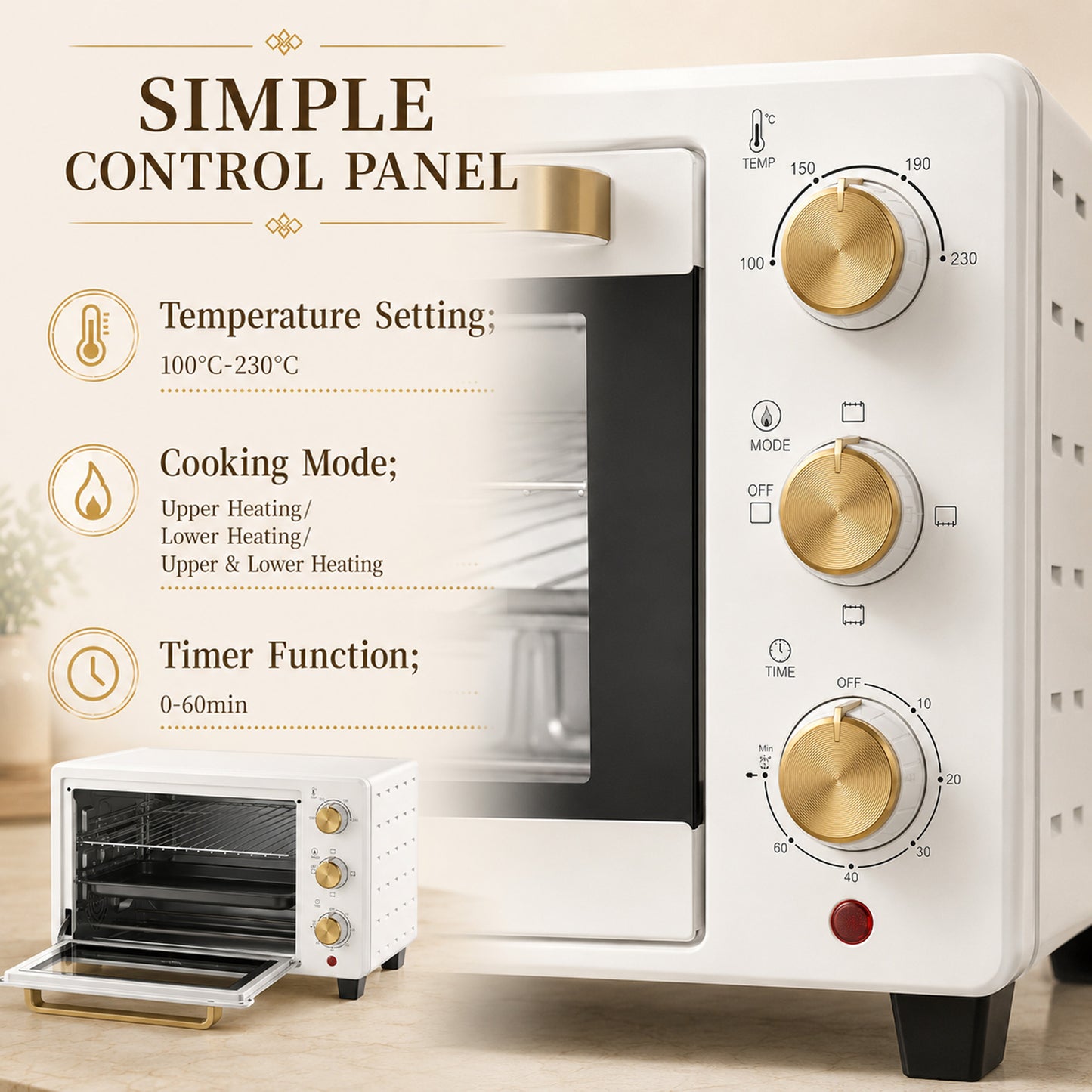 HOMCOM 21L Mini Countertop Oven, 100Â°C-230Â°C Adjustable Temperature, White