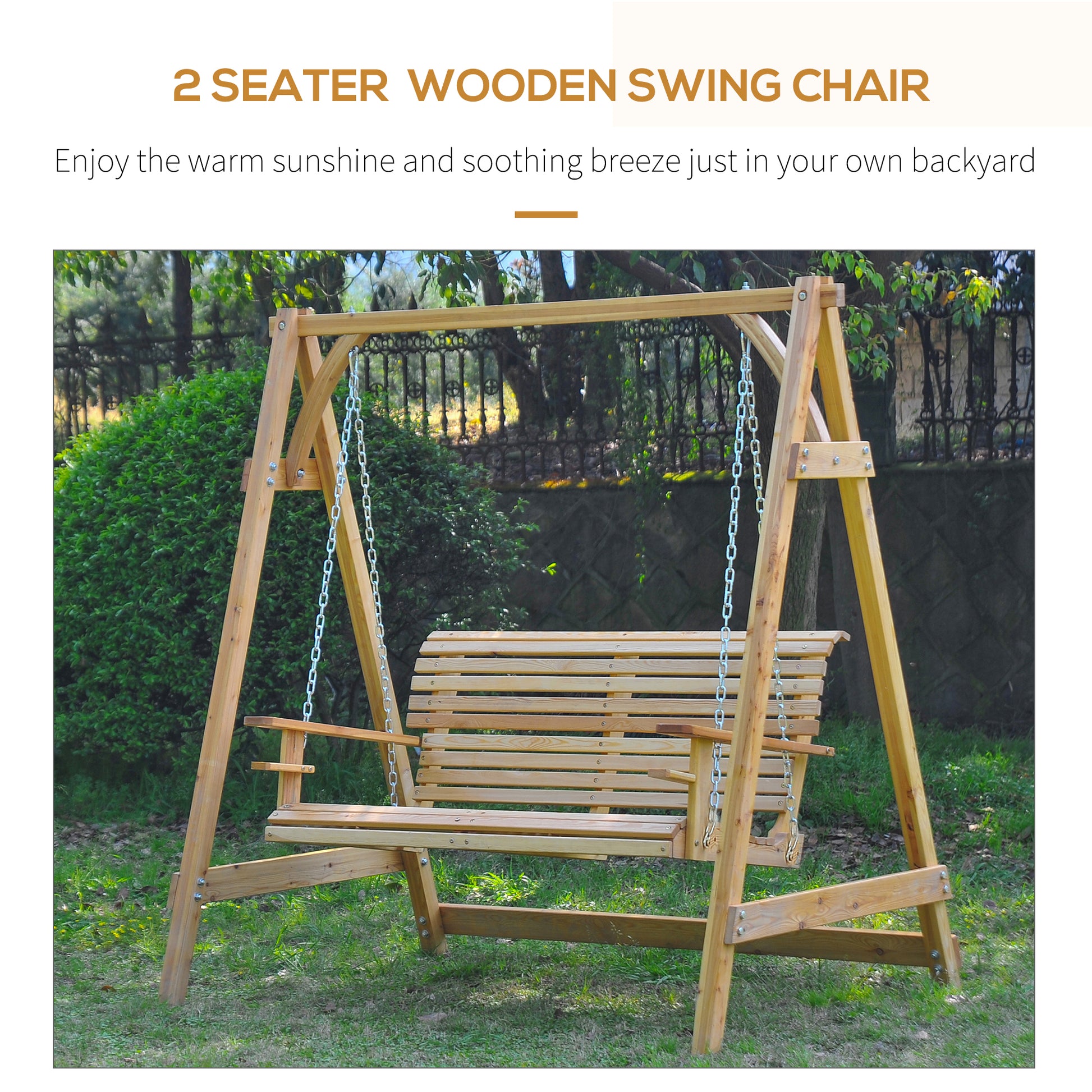 Outsunny 2 Seater Garden Swing Seat, Wooden Swing Chair Bench with Cup Holders for Outdoor Porch Patio, Natural