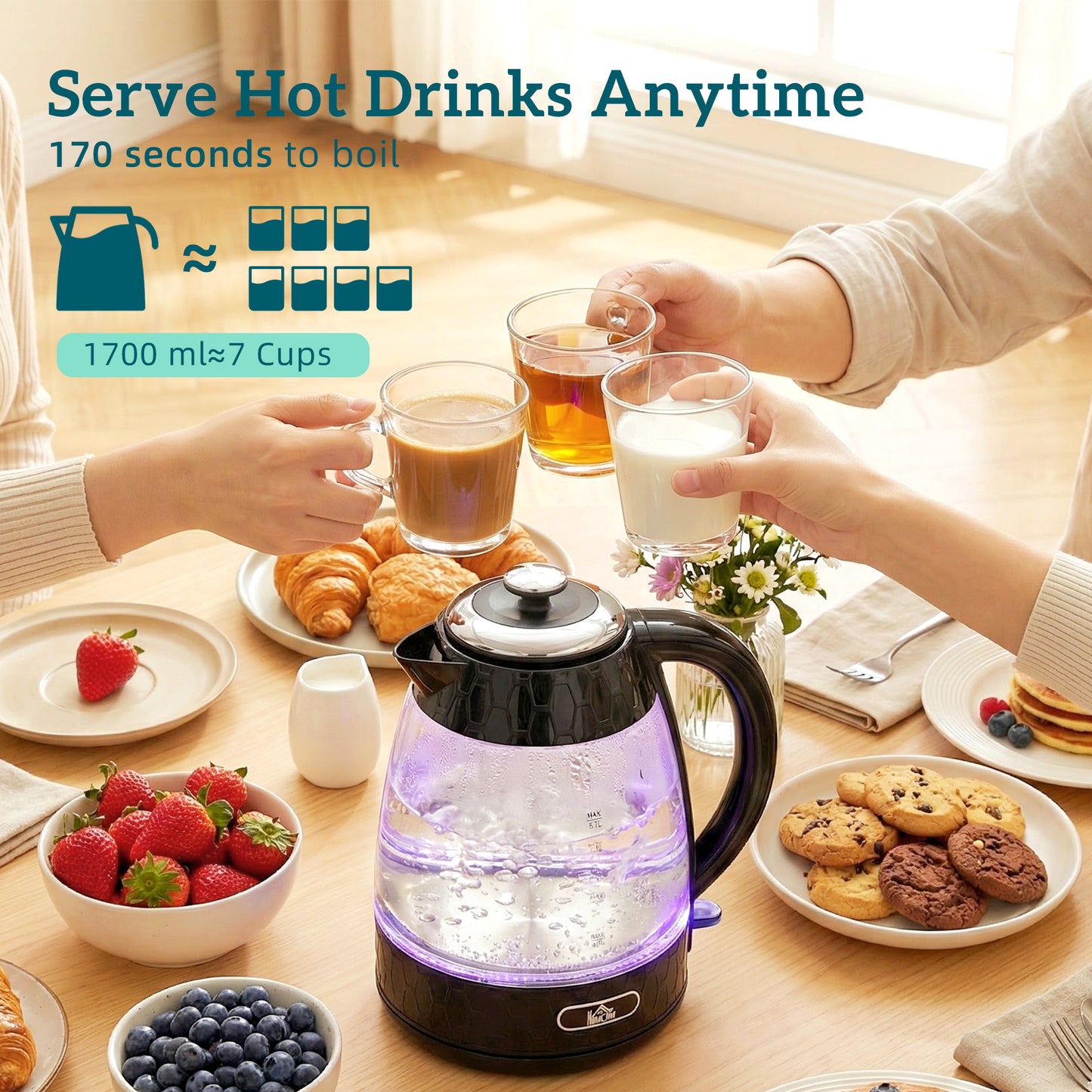 HOMCOM Kettle and Toaster Set, 1.7L 3000W Rapid Kettle with Strix Thermostat, 4 Slice Toaster with 7 Browning Controls, Black