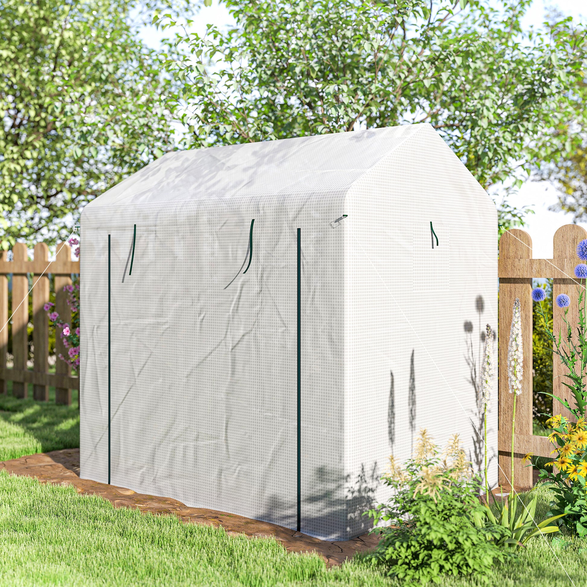 Outsunny Walk-in Greenhouse, Outdoor Tomato Greenhouse with Roll-up Door and Mesh Windows, PE Cover, 200 x 140 x 200cm, White