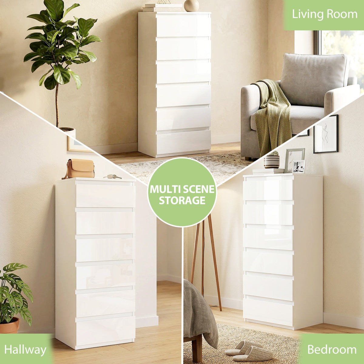 HOMCOM Chest of Drawers High Gloss Finish 6 Drawer Dresser Space Saving Slim Design Handle Free Drawers High-Gloss White