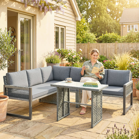 Outsunny 6 Seater Rattan Garden Furniture Set with 3 Loveseats, Table, Patio Rattan Corner Sofa Set, Grey