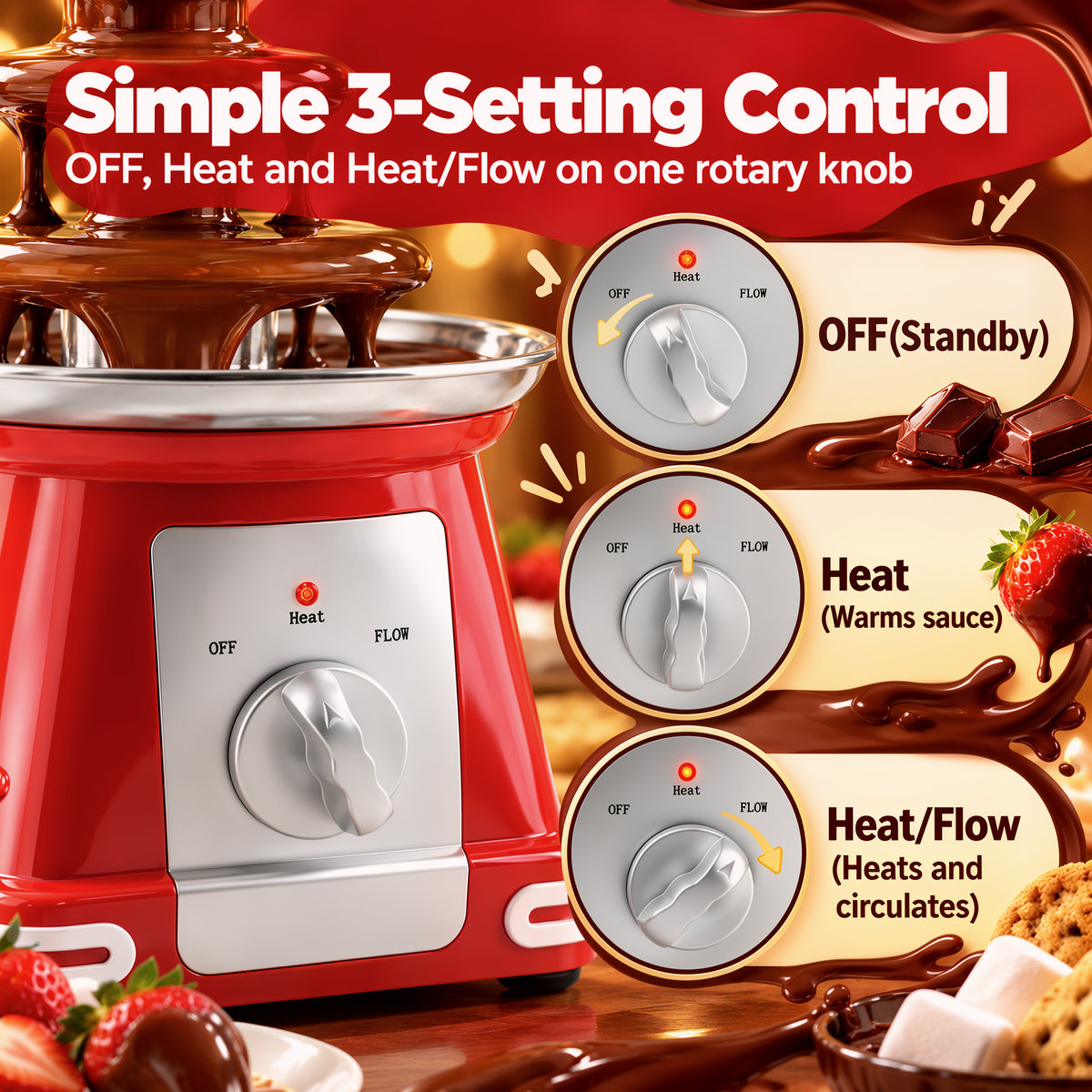 HOMCOM Stainless Steel Chocolate Fountain, 3-Tier 270 ml Electric Fondue Set with Hot Melting Pot Base for Parties, Red