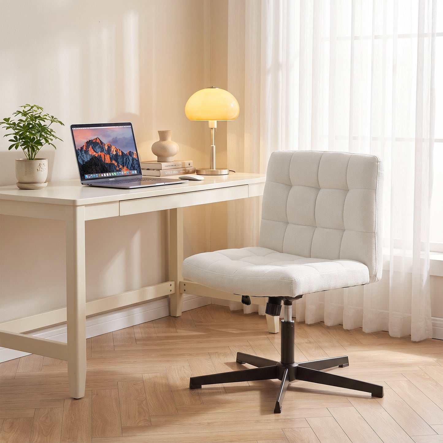 HOMCOM Armless Office Chair, Cross Legged Linen Computer Desk Vanity Chair with Wide Seat, Rocking Function, Beige