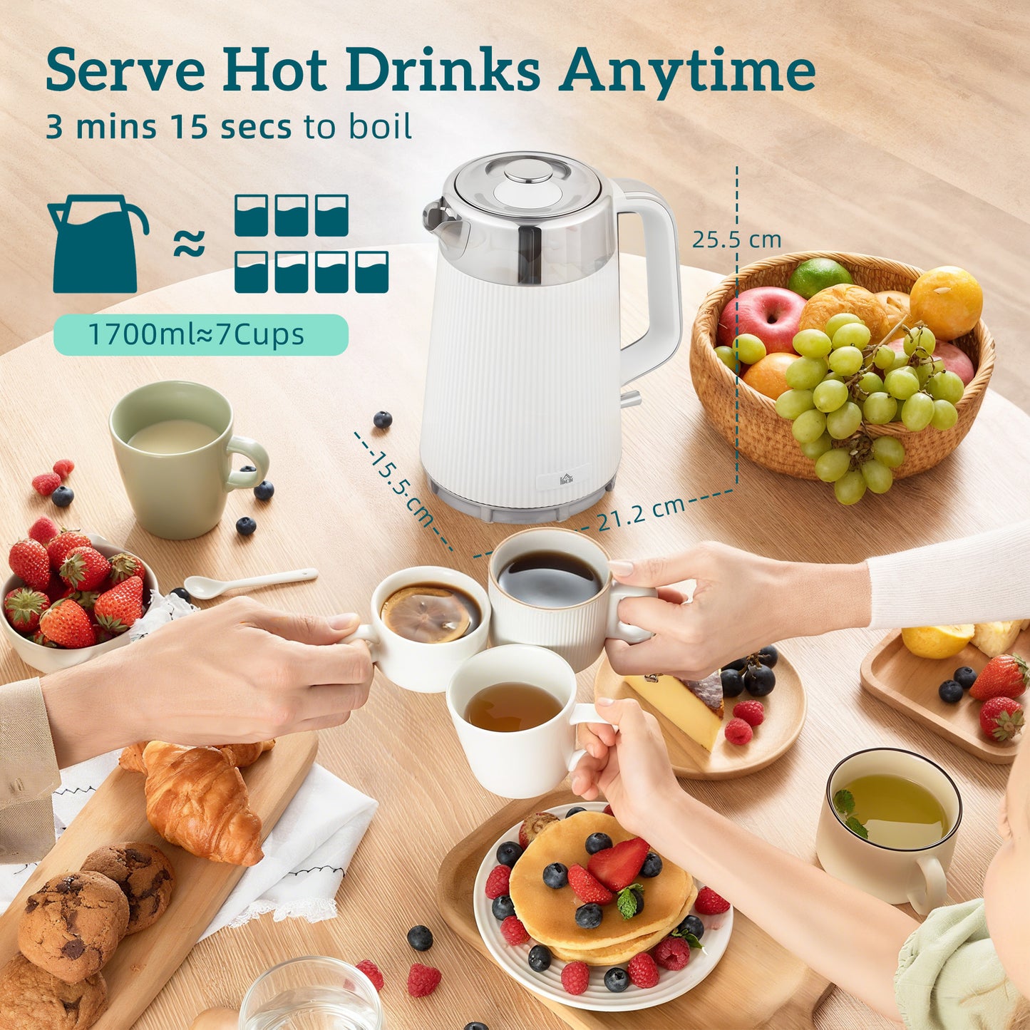 HOMCOM Electric Stainless Steel Kettle and Toaster Set, 3000W 1.7L UK Strix Thermostat Fast Boil Kettle w/ Limescale Filter, Cool Touch Body, 4 Slice Toaster with 7 Browning Levels, Crumb Tray, White