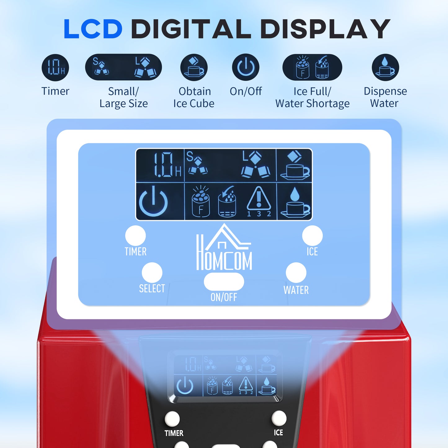 HOMCOM 3L Ice Maker Machine and Water Dispenser, 12kg in 24H, 2 Sizes 9 Ice Cubes Ready in 6-10 Mins Ice Machine, Red