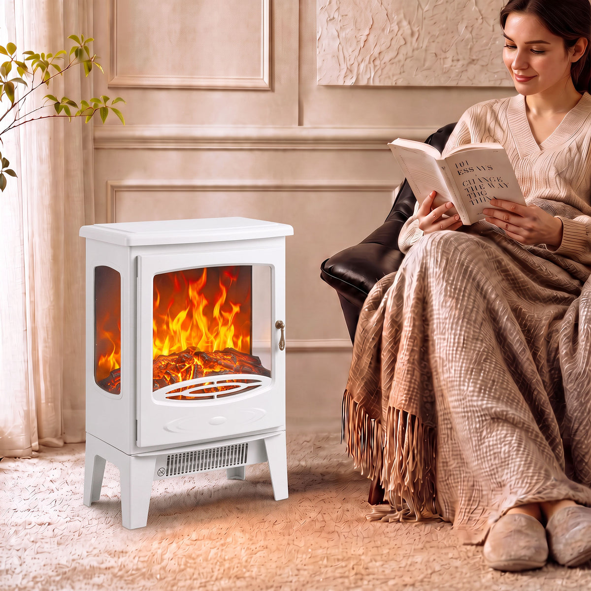 HOMCOM 900W/1800W Freestanding Electric Fireplace, Room Heater with Adjustable Artificial Flame, 3-Sided Tempered Glass, White