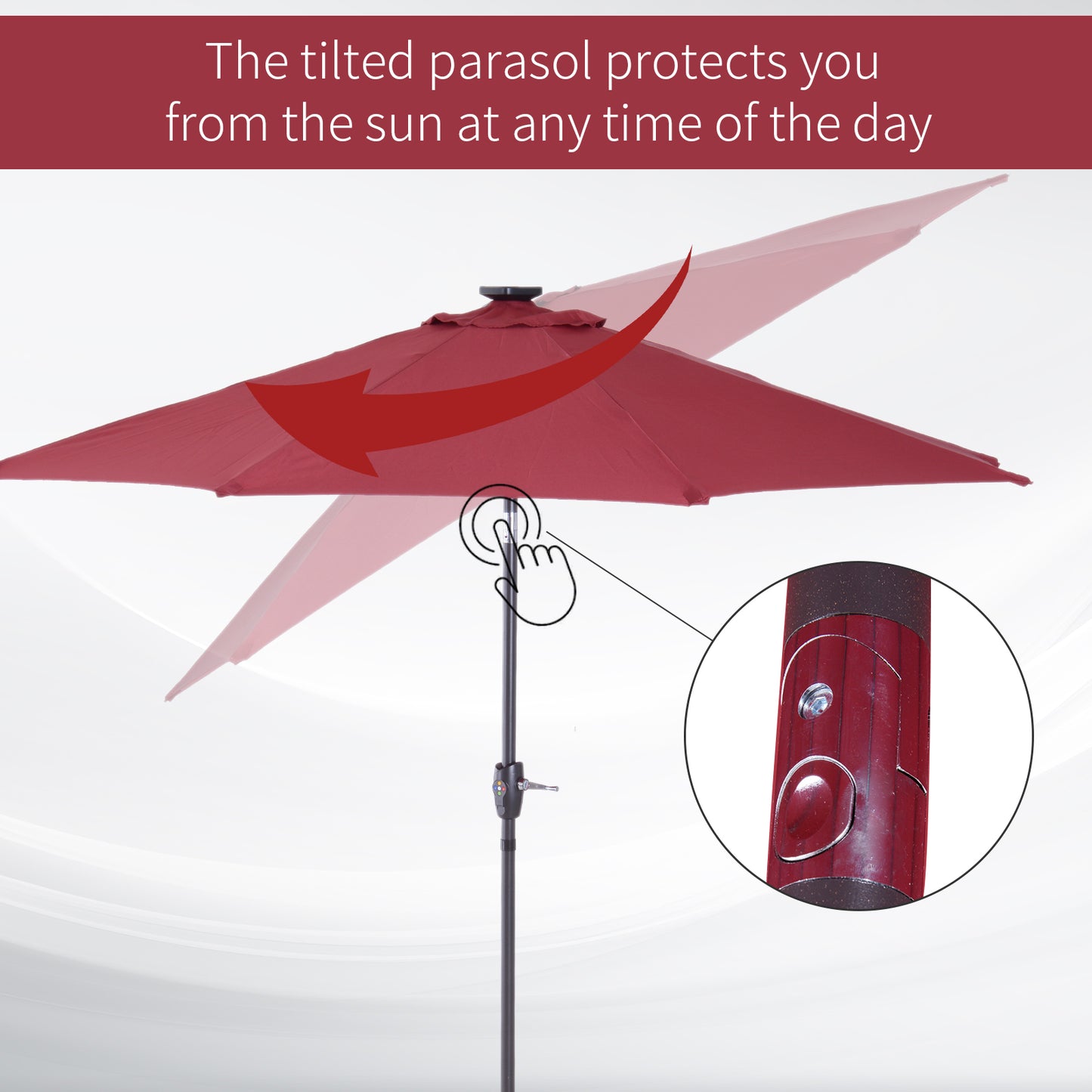 Outsunny Î¦2.7m Garden 24 LED Light Parasol Solar Outdoor Tilt Sun Umbrella Patio Club Party Event Manual Sun Shade w/ Hand Crank and 8 Ribs, Red