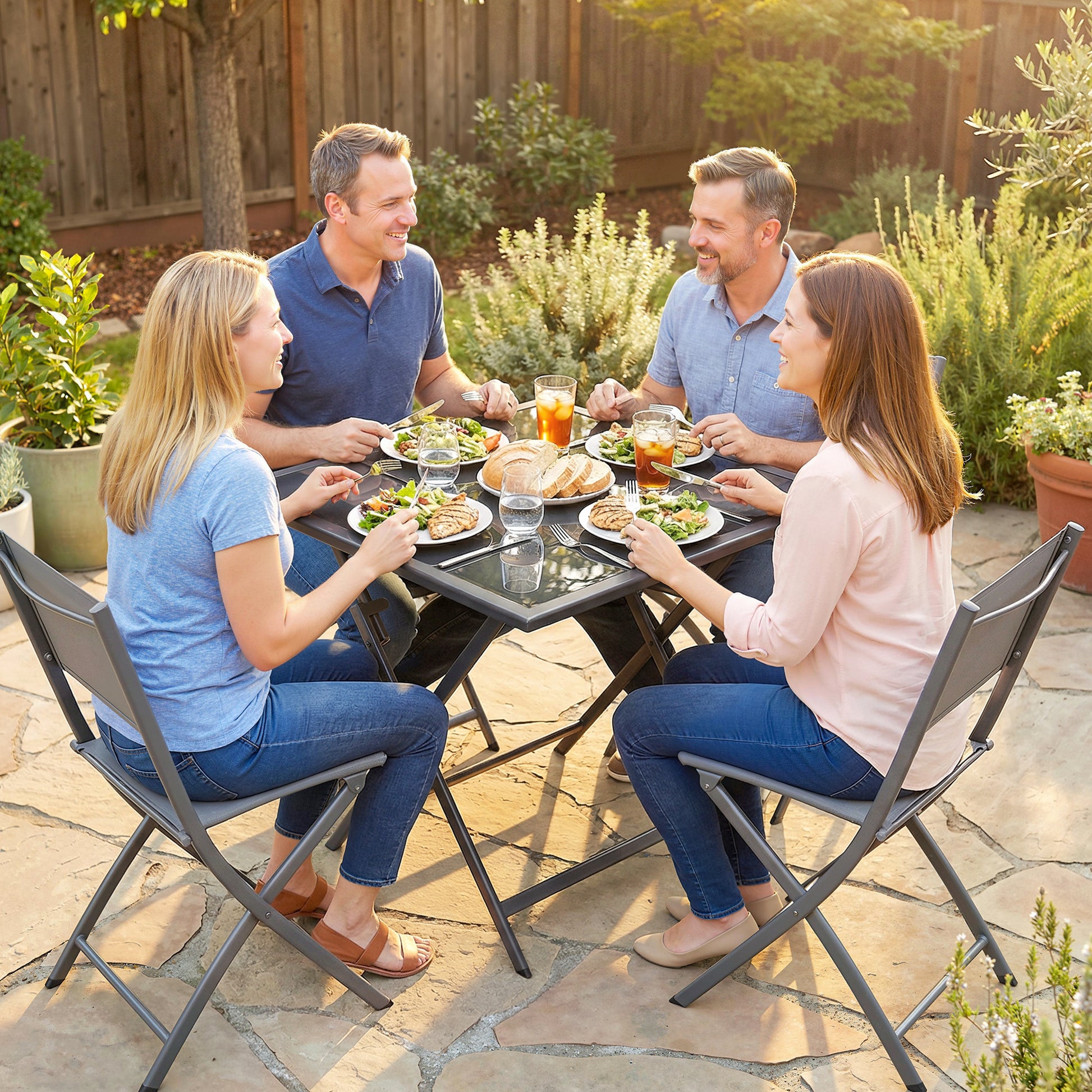 Outsunny Folding Outdoor Dining Table, Square Garden Table Tempered Glass Top with Parasol Hole Garden Patio, 70 x 70 x 70 cm