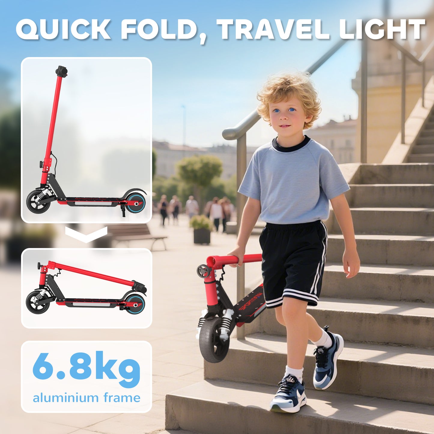 SPORTNOW Folding Electric Scooter for Kids, with Dual Brakes, Front Suspension, LED Colourful Lights, Red