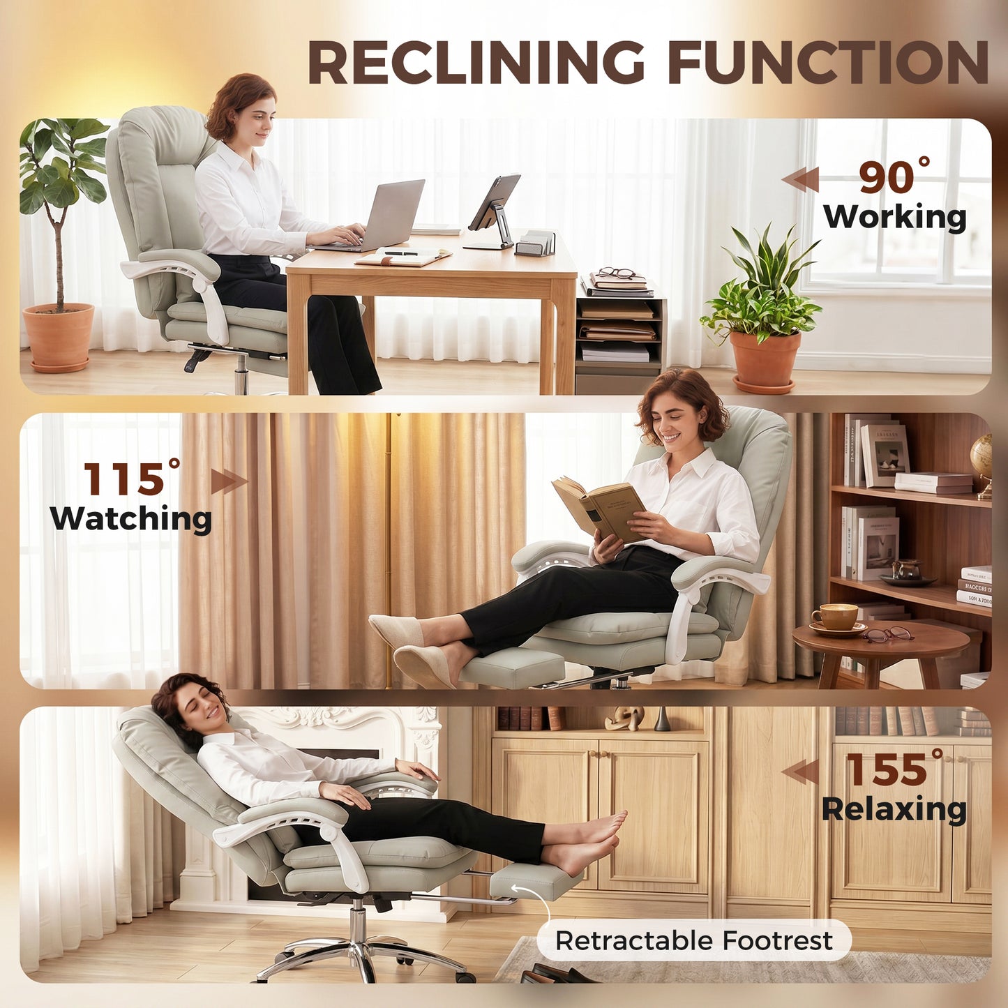 HOMCOM Ergonomic Executive Office Chair, Velvet Reclining Desk Chair with Lumbar Support, Footrest, Plush Thick Cushion, Khaki