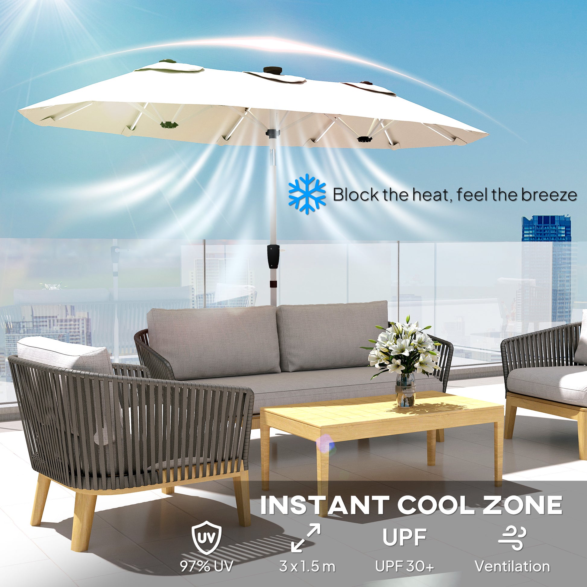 Outsunny 3 m Double-Sided Garden Parasol with LED Solar Lights, Outdoor Extra Large Sun Umbrella with Crank Handle, Cream White