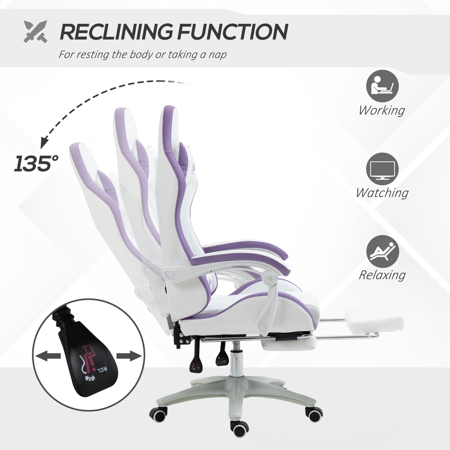 Vinsetto Computer Gaming Chair, PU Leather Office Desk Chair with Footrest, Swivel Wheels, 135Â° Reclining Back, Lumbar Support, Headrest for Home, White and Purple