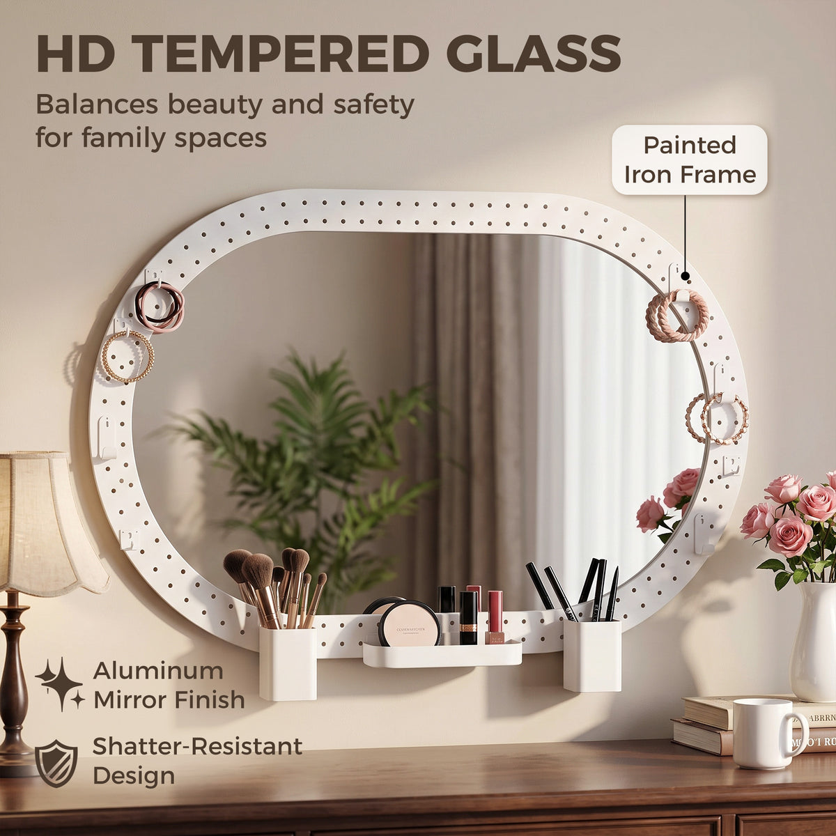 HOMCOM Oval Wall Mirror, 60 x 90 cm Decorative Hanging Mirror with Pegboard Frame, Wall-Mounted, White