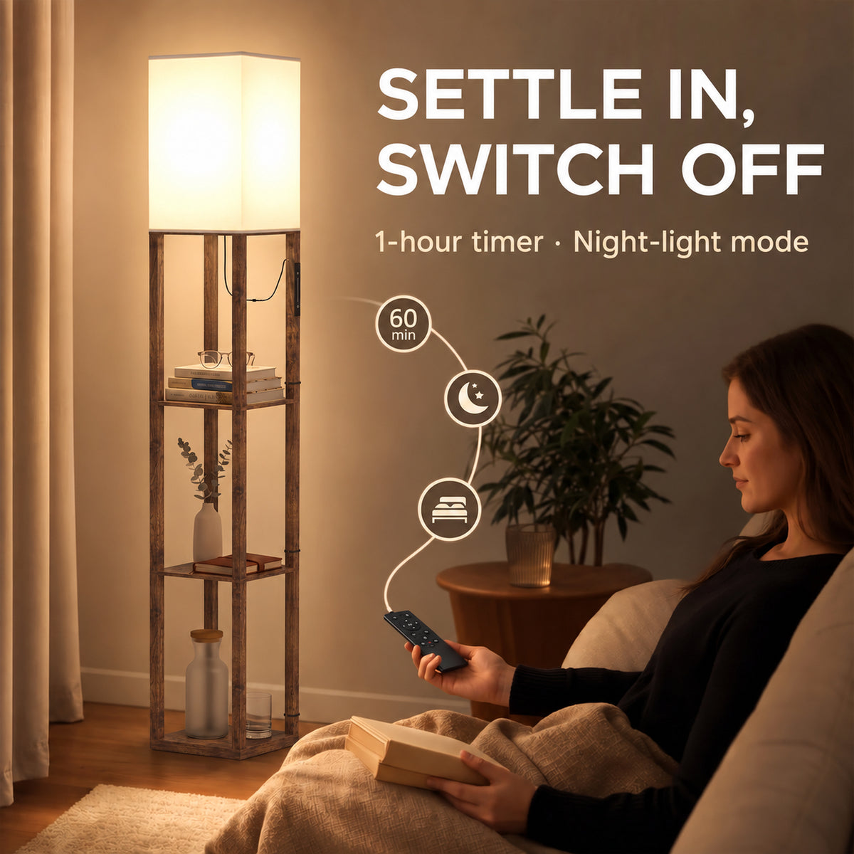 HOMCOM Floor Lamp with Shelves, Modern Dimmable Standing Lamp with Fabric Shade, Adjustable Colour Temperature, Rustic Brown