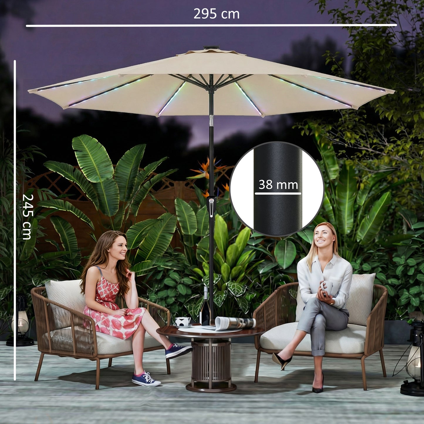 Outsunny 3 m Garden Parasol Umbrella with 112 Solar Powered LED Lights, Patio Umbrella with Crank Handle, Beige