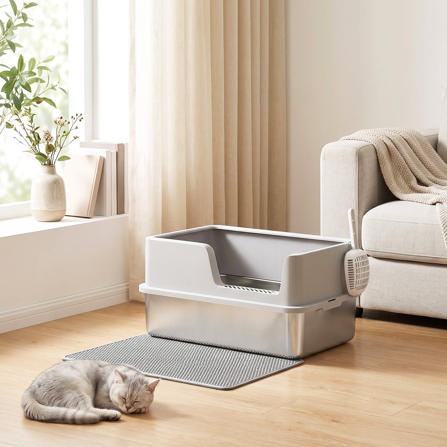 PawHut XL Stainless Steel Cat Litter Tray with Lid, High Sided Cat Litter Box with Scoop and Mat, Light Grey
