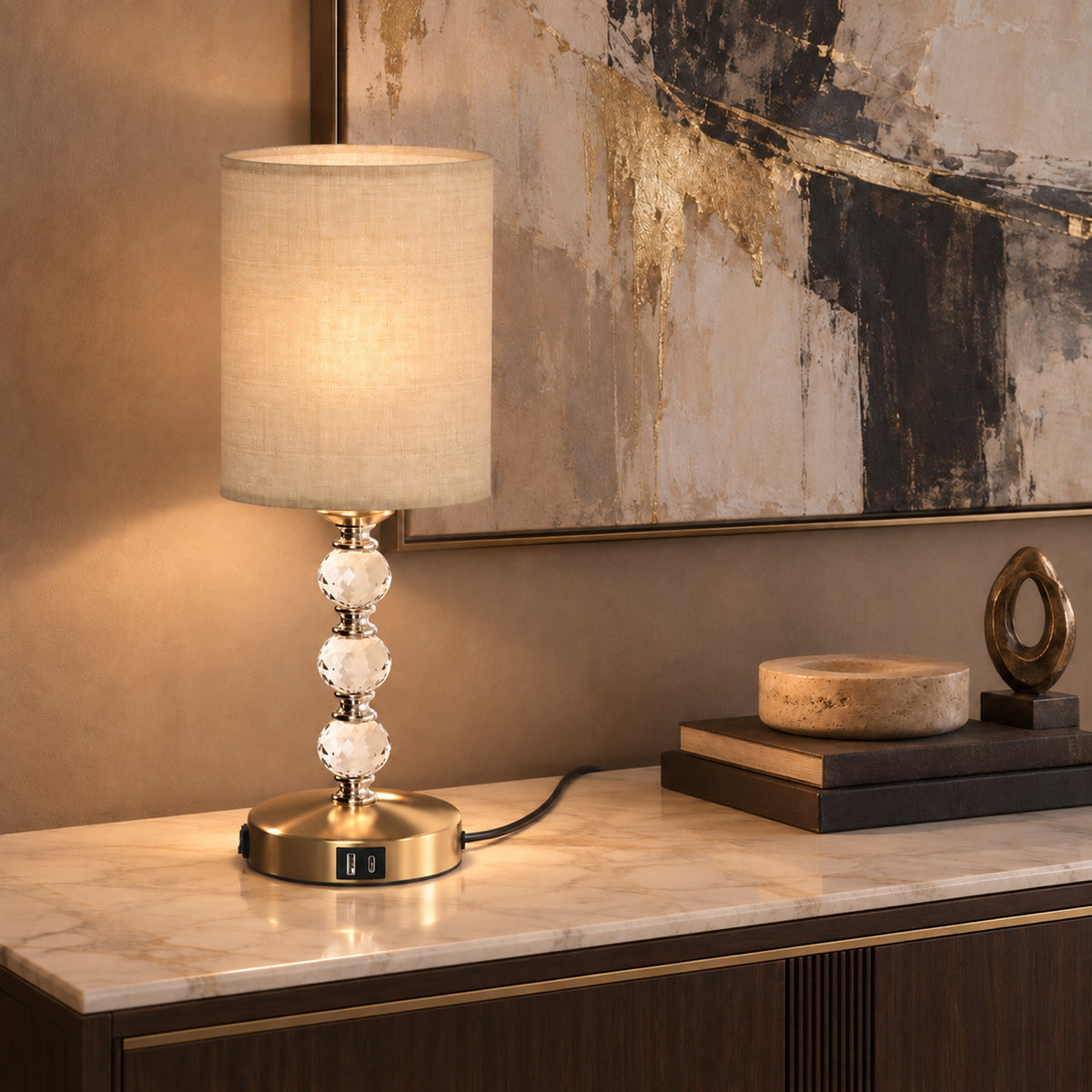 HOMCOM Bedside Lamp, Modern Crystal Decoration Table Lamp with PVC shade, USB A+C Charging Ports, Bulb Not Included, Gold Tone