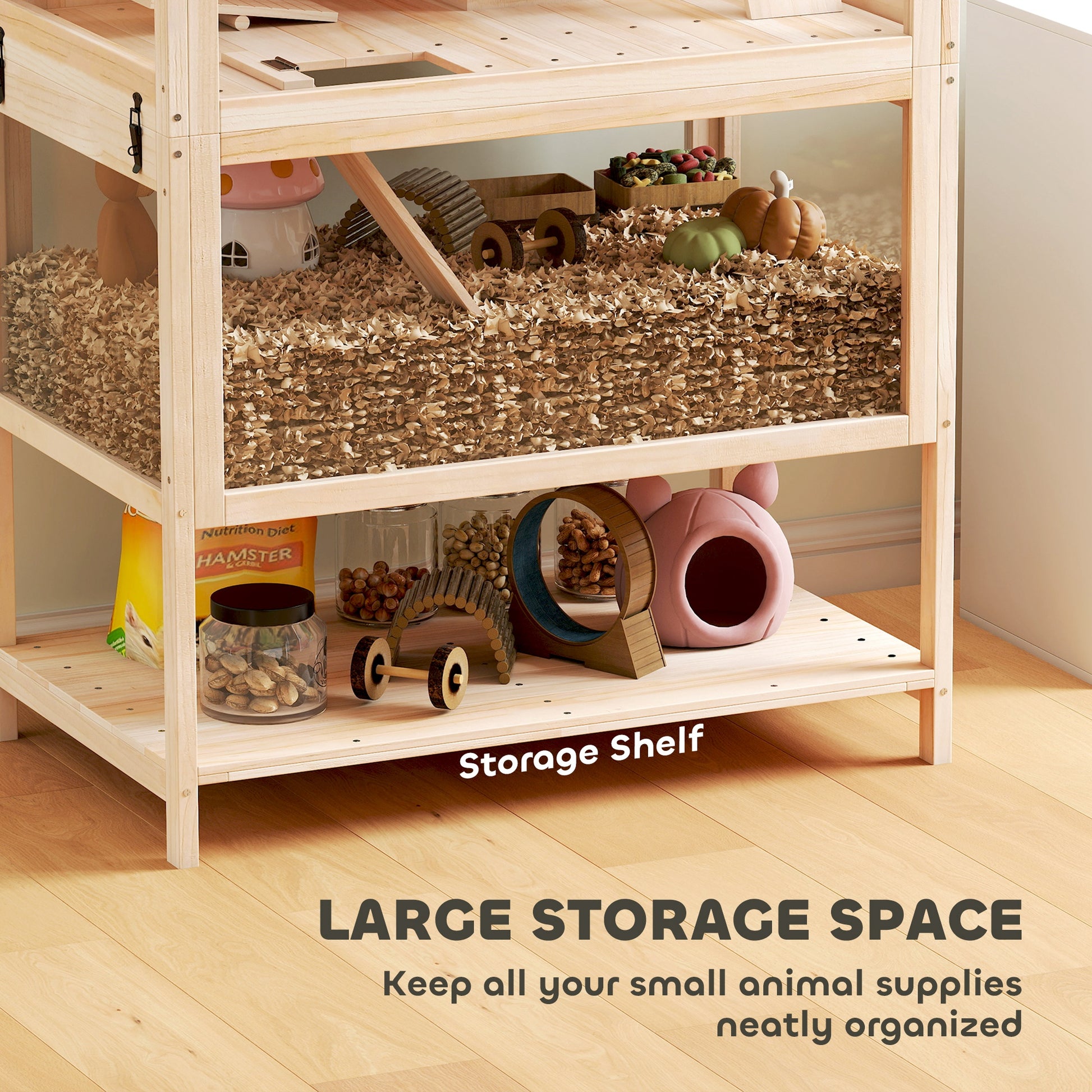 PawHut Wooden Hamster Cage with Detachable Lower Floor, Storage Shelf, Hut, Seesaw, Exercise Wheel, Ramps for Hamster