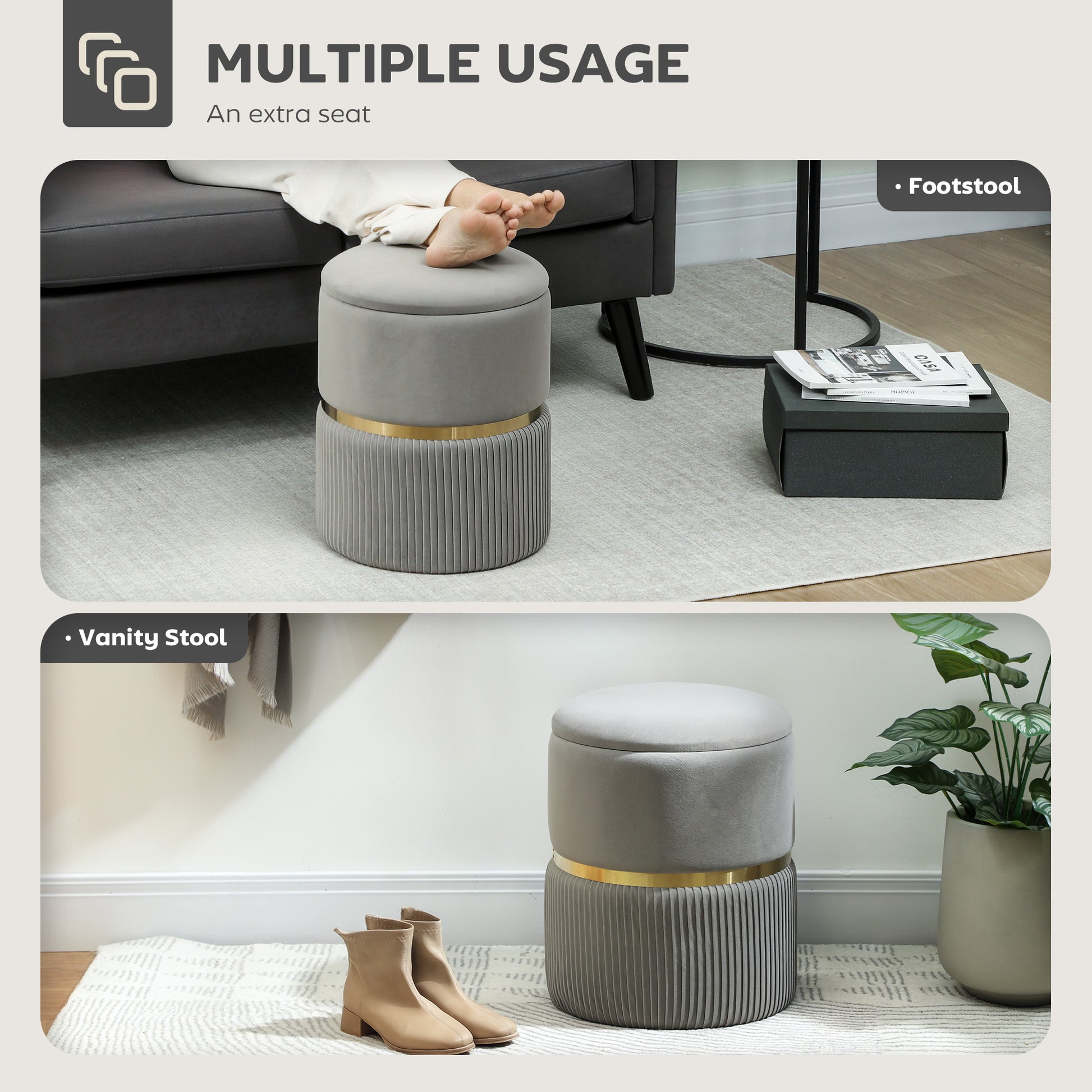 HOMCOM Velvet-Feel Storage Ottoman - Light Grey