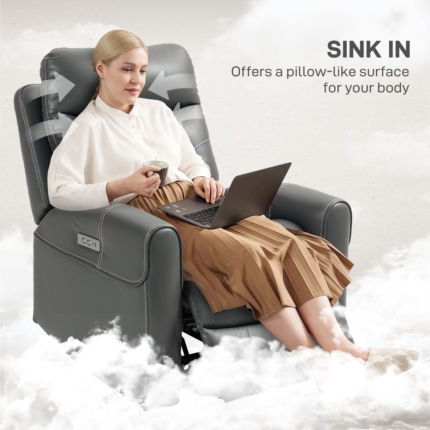 HOMCOM Power Lift Recliner Chair for Elderly, Overstuffed Faux Leather Riser and Reclining Chair with USB A+C Ports, Recliner Armchair for Living Room, Charcoal Grey