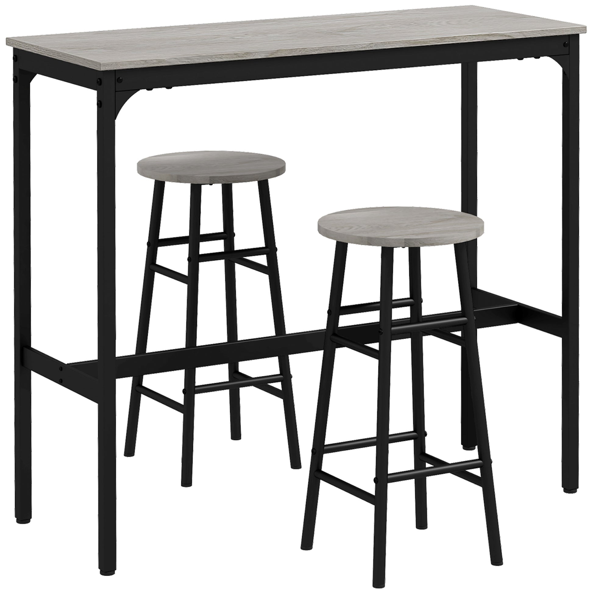 HOMCOM 3 Piece Bar Table Set with 2 Stools, Industrial Bar Table and Stool Set, Dining Table and Chair Set, Grey Default Title