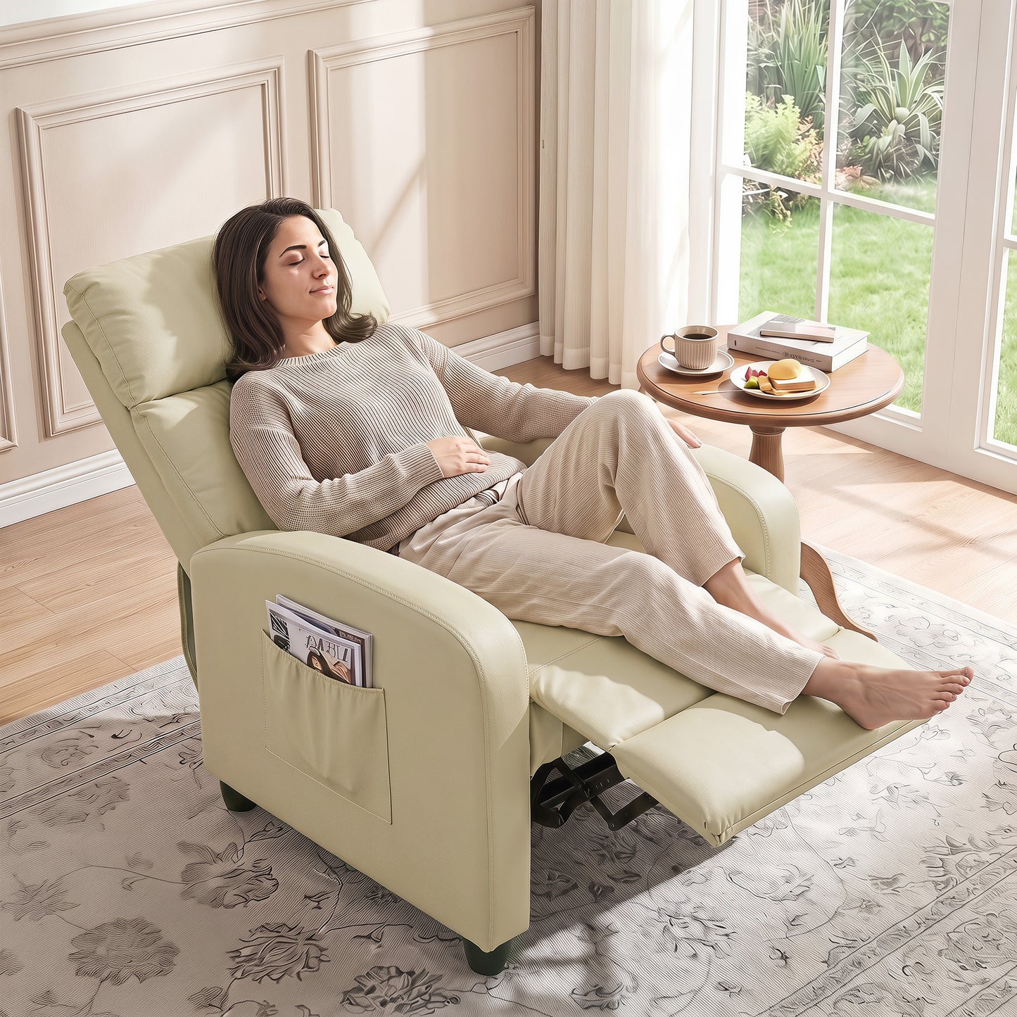 HOMCOM Recliner Armchair, Massage Faux Leather Push Back Reclining Chair with Adjustable Leg Rest, Side Pocket, Cream White
