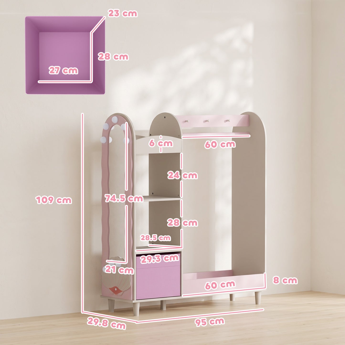 AIYAPLAY Kids Clothing Rack, Kids Wardrobe with Glowing Lights Mirror, Non-Woven Drawer and Shelves for Bedroom, Ages 3-8, Pink