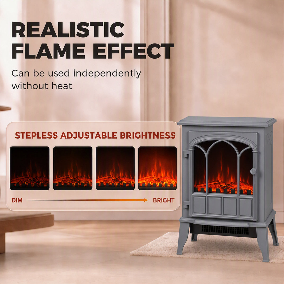 HOMCOM Freestanding Electric Fireplace, Electric Log Burner with LED Flame Effect, Overheating Safety System, 1000W/2000W Grey