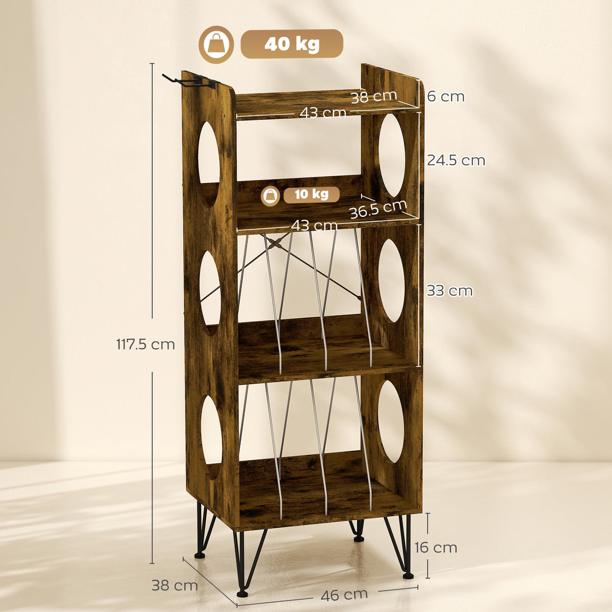 HOMCOM Record Player Stand Open Multi Compartment Media Shelf Home 2 Hooks Rustic Brown