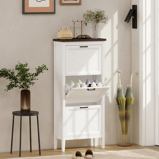 HOMCOM Shoe Cabinet with 3 Flip Drawers, Farmhouse Narrow Shoe Storage Cabinet with Adjustable Shelves, White
