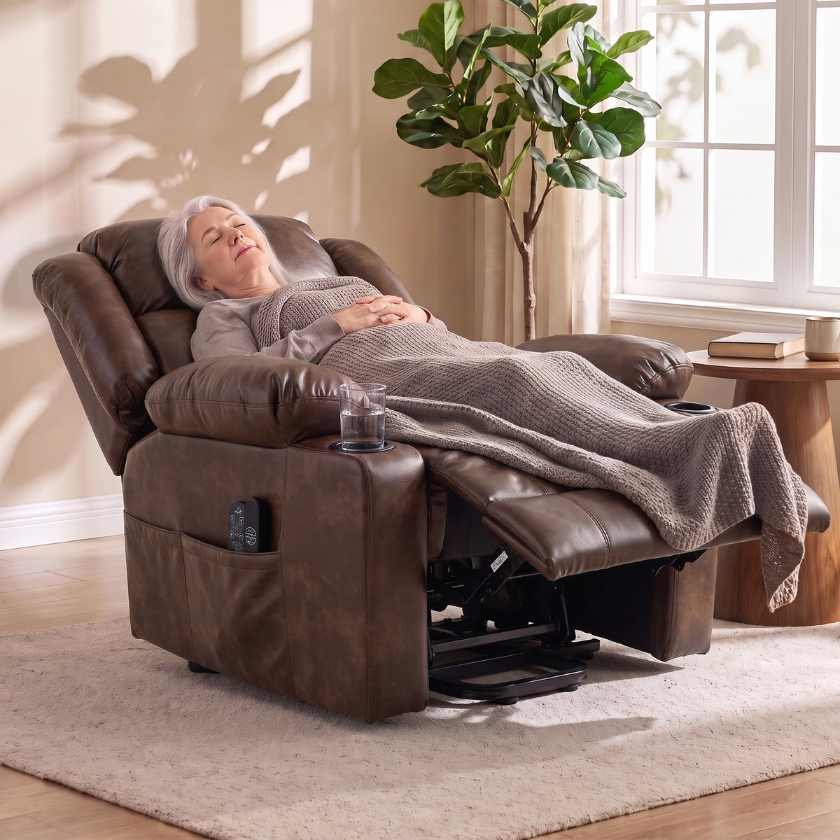 HOMCOM Riser Recliner Chair with Massage and Heat for Elderly, PU Leather Power Electric Lift Armchair, Cup Holders, Brown