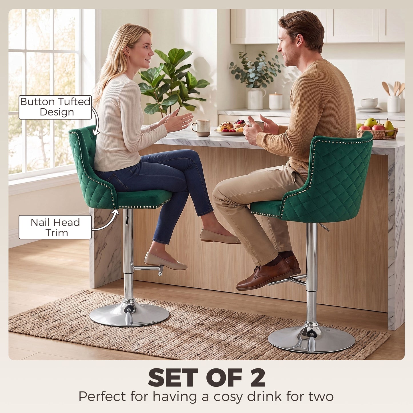 HOMCOM Bar Stools Set of 2, Modern Swivel & Adjustable Velvet Barstools with Button-Tufted Back, Footrest for Home Bar, Green