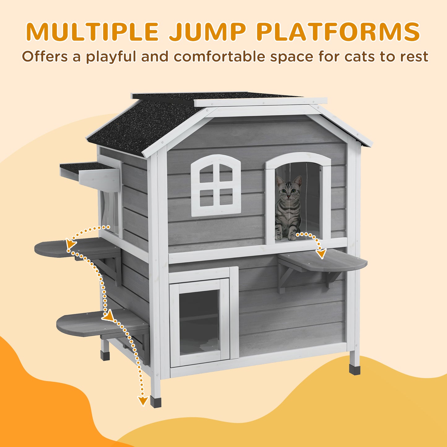 PawHutÂ 2-story Cat House Outdoor, WeatherproofÂ Wooden Cat Enclosure for Feral Cats with Escape Door, Openable Roof, Jumping Platforms, Grey