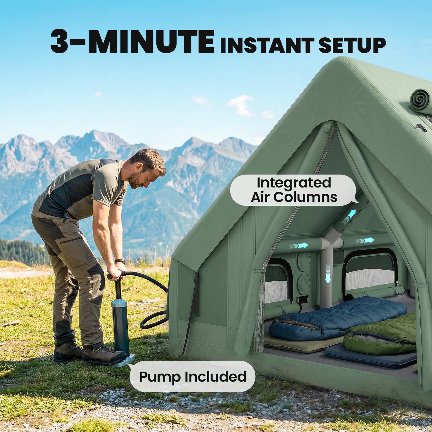 Outsunny Inflatable Camping Tent, 4 Season Hot Tent 10000mm Waterproof with Chimney Opening, Sky Light and Air Pump, Green