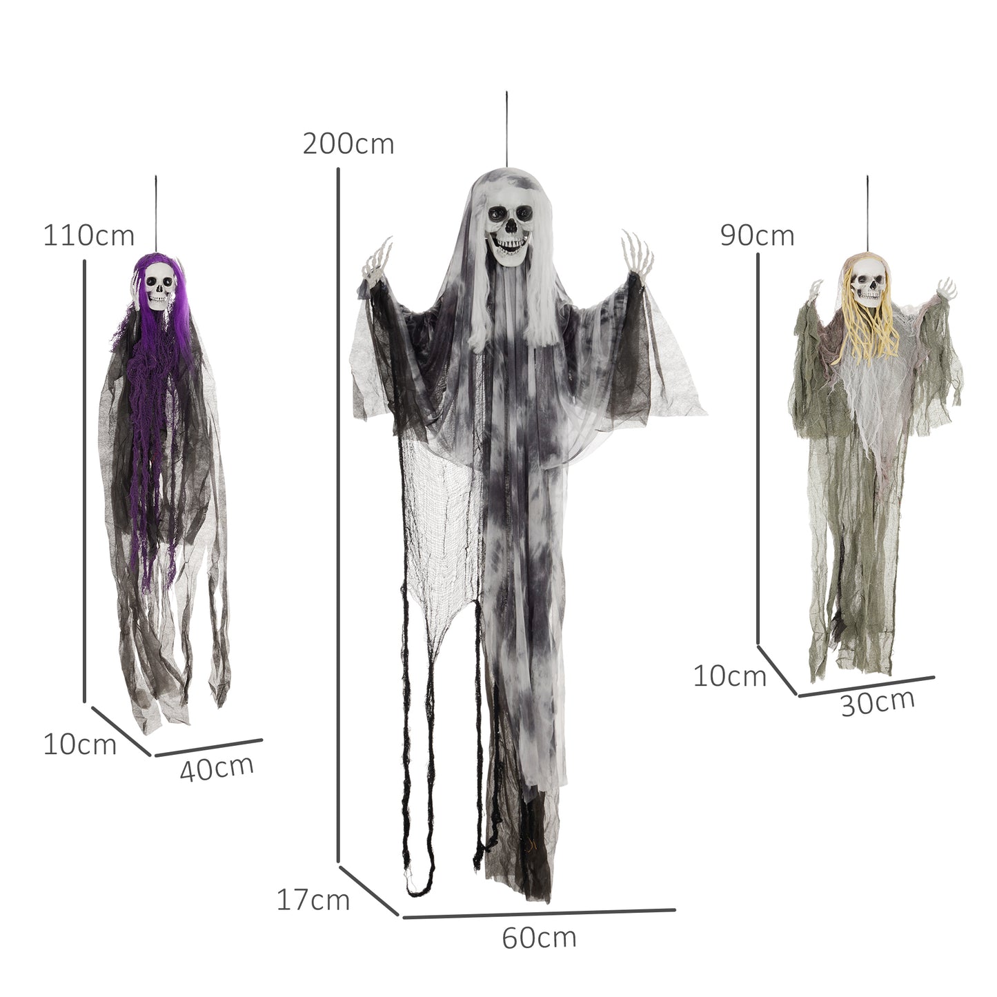 HOMCOM Set of 3 Hanging Skeleton Halloween Decorations, Scary Flying Ghost for Garden, Party, 90/110/170cm