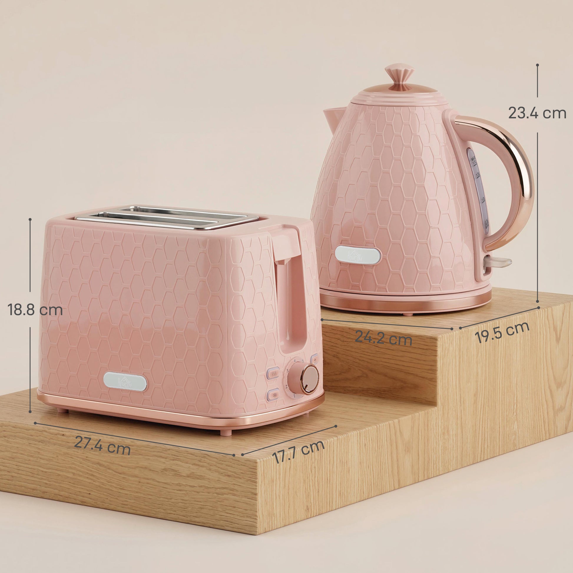 HOMCOM 1.7L 3000W Fast Boil Kettle & 2 Slice Toaster Set, Kettle and Toaster Set with Auto Shut Off, Browning Controls, Light Pink