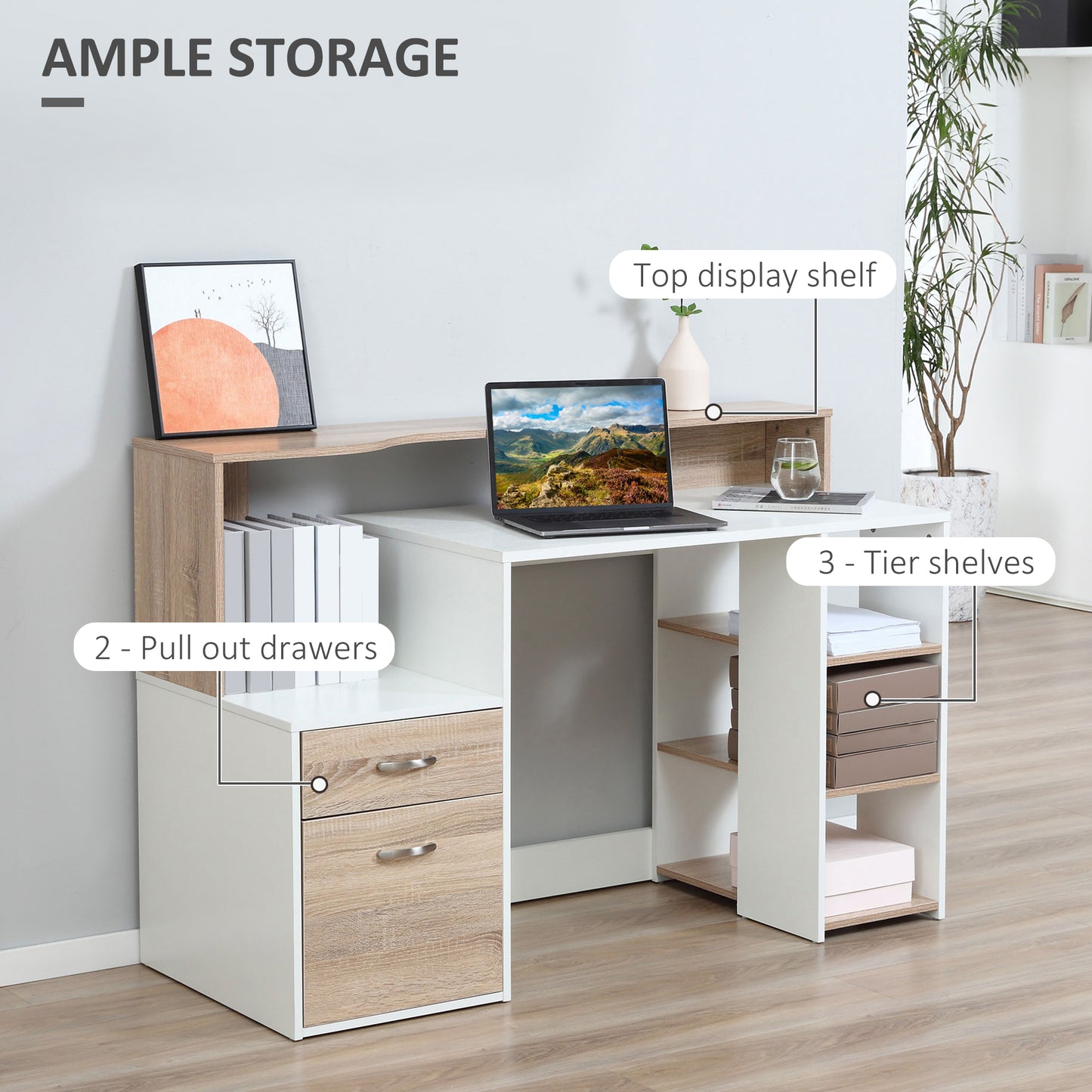 HOMCOM Computer Desk with Drawers and Storage Shelves, Office Desk Writing Table with Printer Stand, Large Workstation for Study Play Work Home Office, 137 x 55 x 92cm, Oak