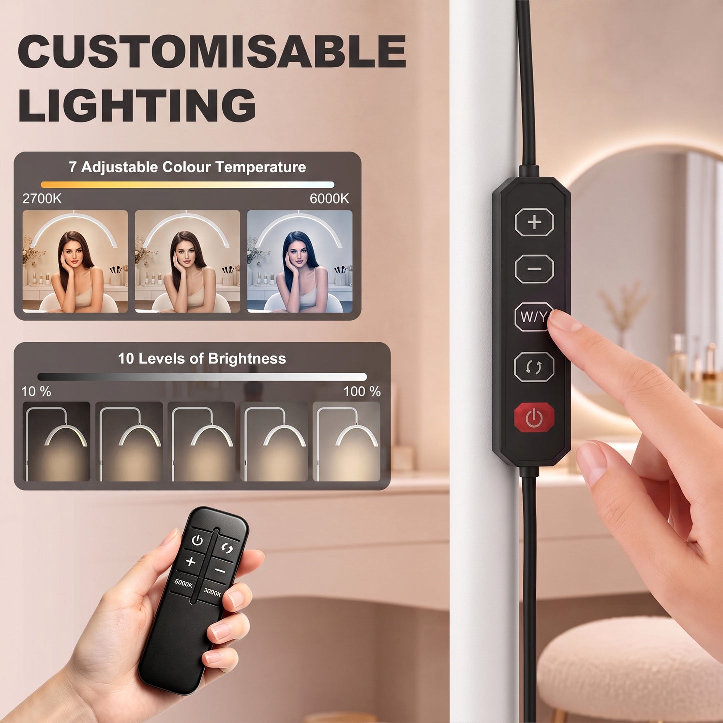 HOMCOM Half Moon Lash Light, 350Â° Rotatable Head, 7 Colours, Dimmable Beauty Floor Lamp, White