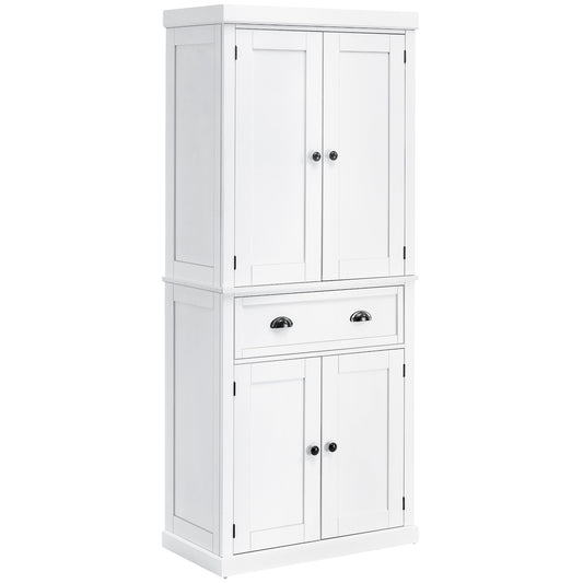 HOMCOM Freestanding Kitchen Cupboard, 184cm Tall Storage Cabinet with Doors and Shelves, Traditional Colonial 4-Door Kitchen Pantry Cupboard with Drawer, White