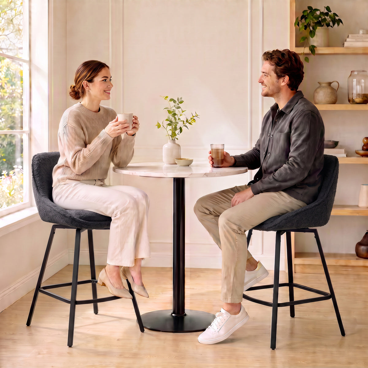 HOMCOM Bar Stools Set of 2, 64 cm Modern Linen-Touch Fabric 360Â° Swivel Counter Height Bar Chairs, Black